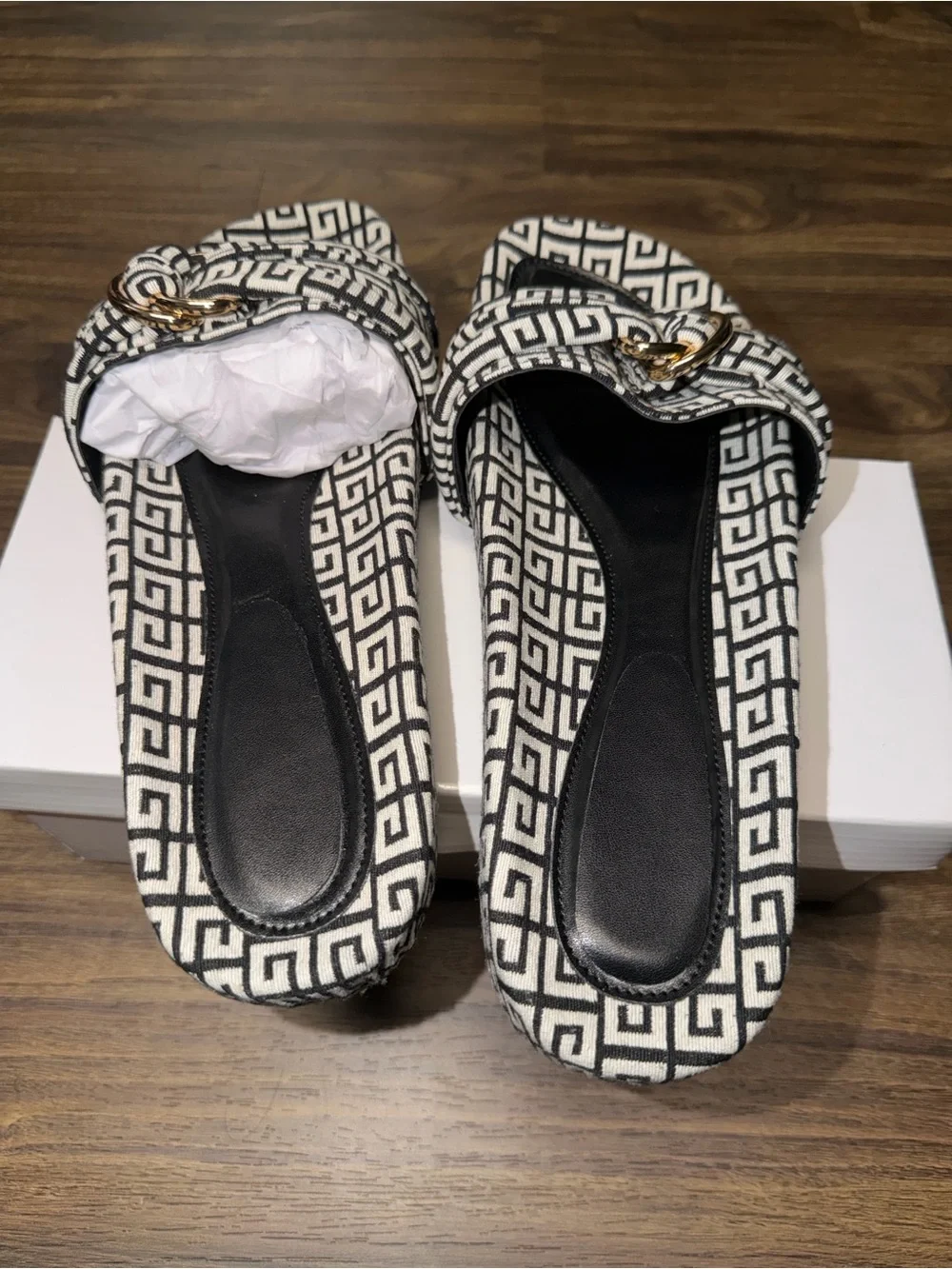 Black & White Geometric Slide Sandals with Gold Buckle